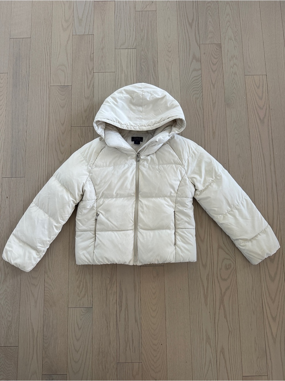 ❄️🌸Polo by Ralph Lauren Off-white Hooded Puffer Jacket for Kids Size Medium 8/10
